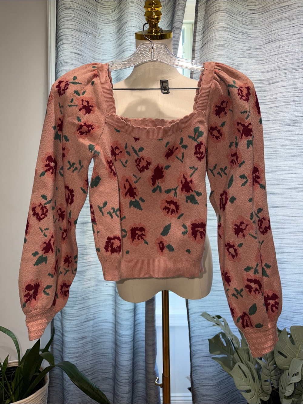 Pink Floral Square-Neck Puff-Sleeve Knit Top